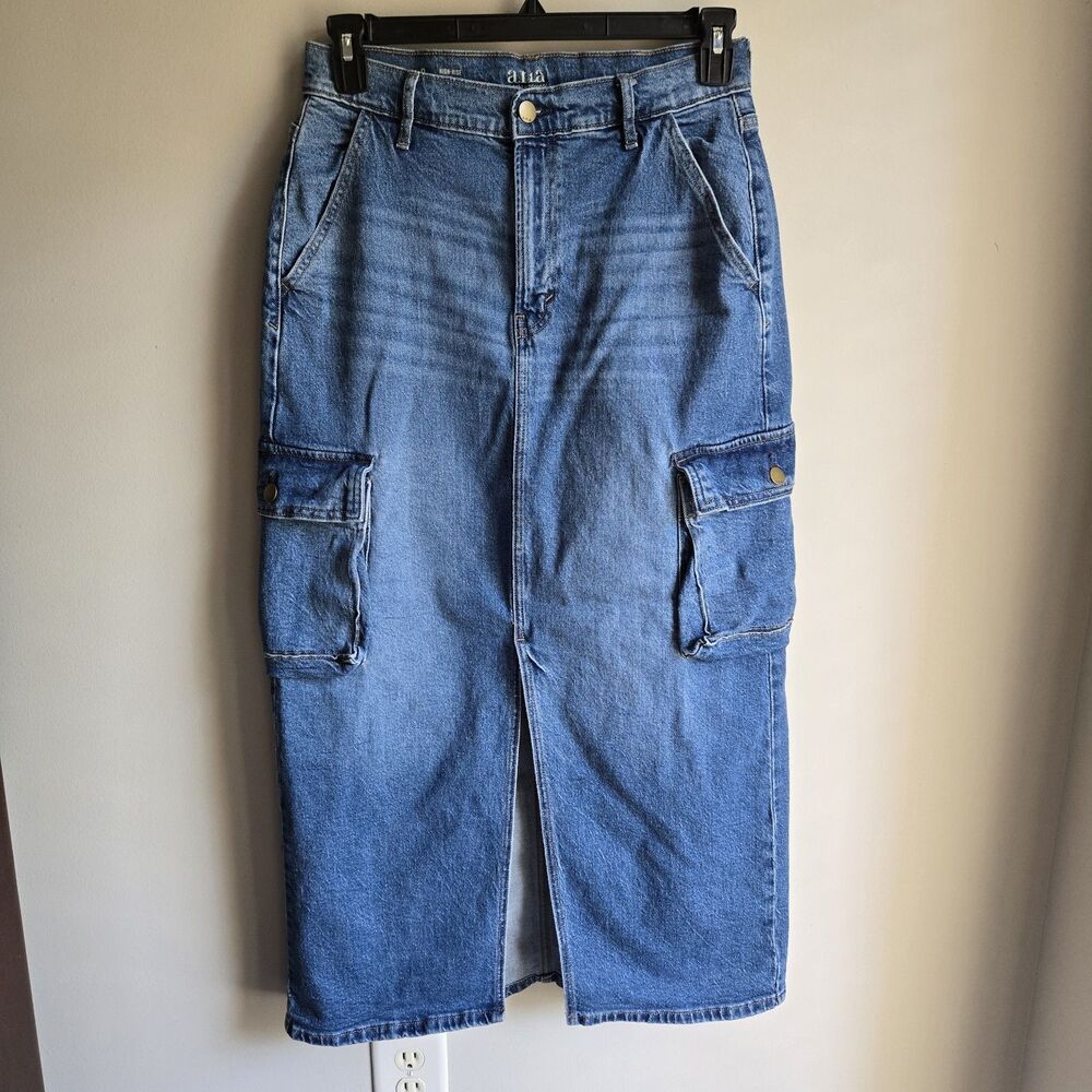Women's Denim Maxi Cargo Skirt Size 8 Medium Wash High Rise Front Split a.n.a.